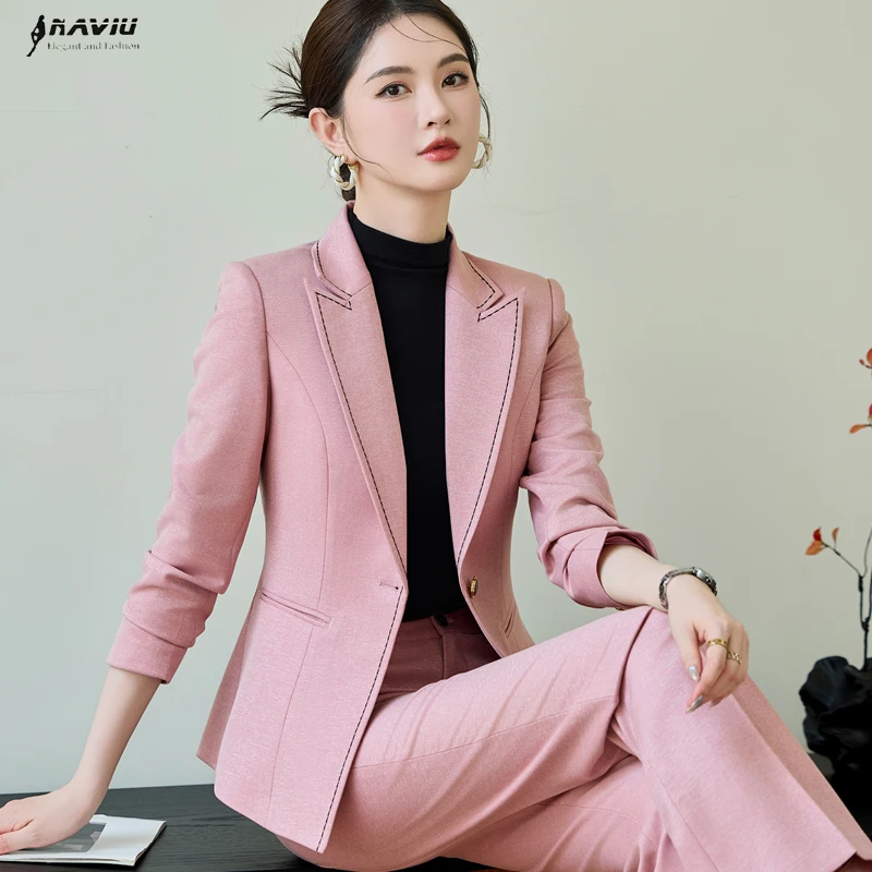 

NAVIU Тонкий комплект из 2 предметов для офисной одежды, женский новый модный пиджак с отложным воротником и одной пуговицей, повседневные расклешенные брючные костюмы, элитный