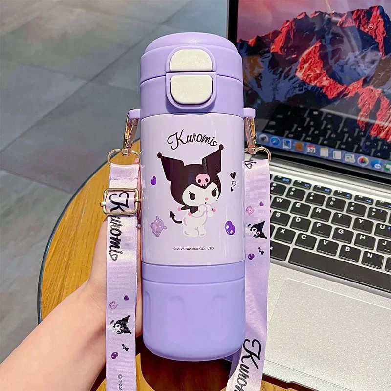 

High Appearance Cartoon Thermos Cup Cute Sanrio Outdoor Shoulder Strap Double Drinking Straw Water Bottle Girl Couple Cup