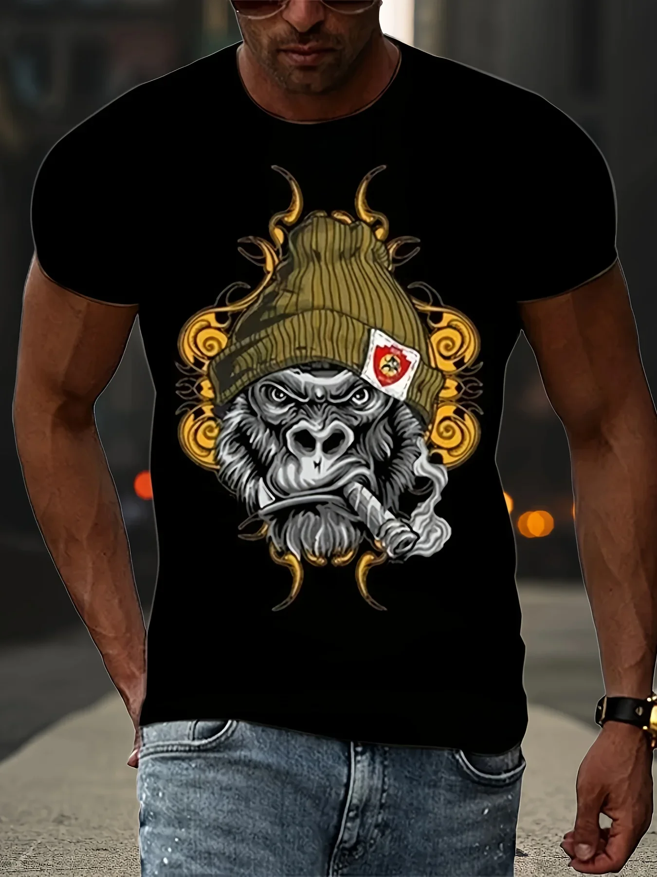 Modisches Herren-T-Shirt mit Gorilla-Grafik, Atmungsaktive Outdoor-Streetwear, Sommerliches Freizeit-Kurzarm-T-Shirt