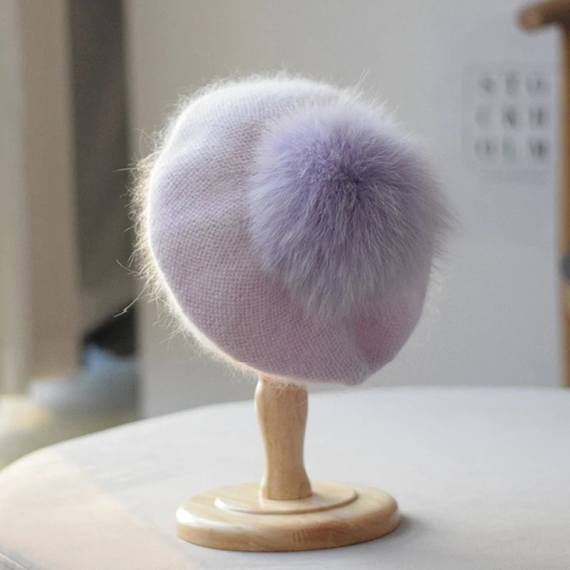 

Beret Women Hat Angora Knit Real Fox Fur Pompom Winter Warm Accessory For Autumn Cold Weather Sport Skiing Outdoor Luxury