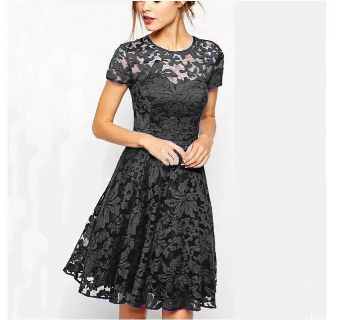 2024 New Fashion Sexy Slim Fit Knee-length Round Neck Short-sleeved Lace Solid Color Dress Prom Dress