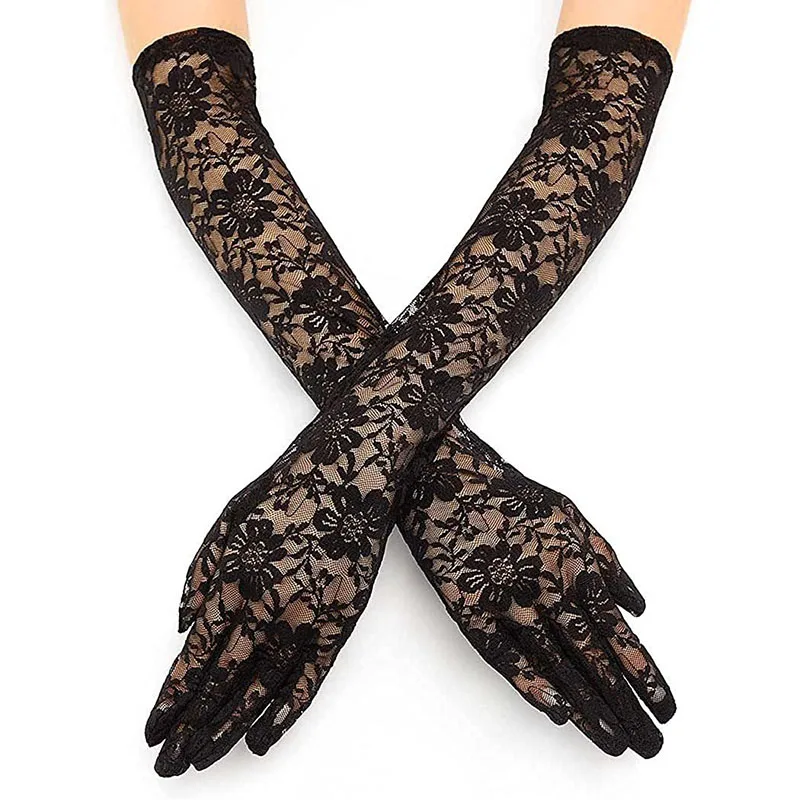 Sheer Lace Floral Bowknot Long Gloves image