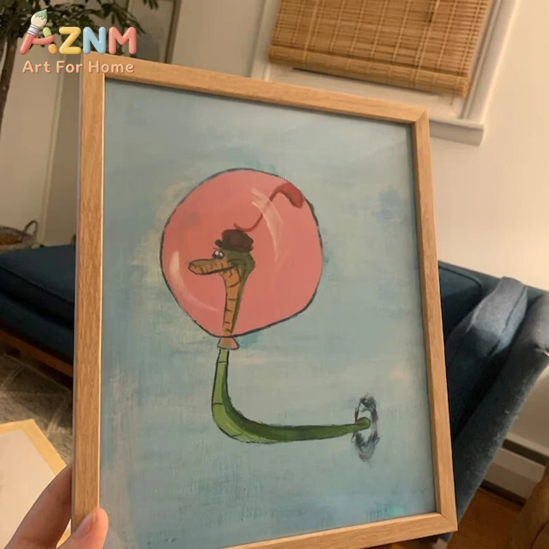 AZNM Lienzo con estampado artístico de cocodrilo fantasioso con chicle, decoración de pared con ilustración de reptil lindo con sombrero de bombín, divertido diseño de burbujas rosas