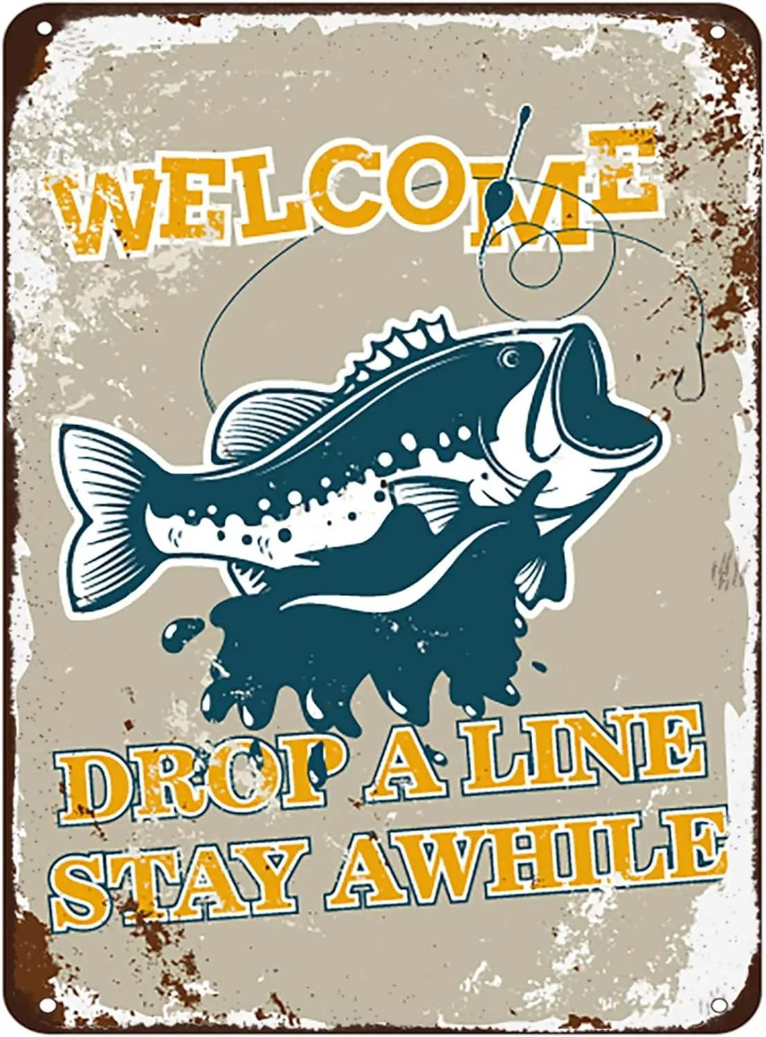 Fishing Metal Tin Sign Wall Decor, Welcome Drop a Line Stay Awhile Metal Vintage Funny Decoration for Home Bar Room