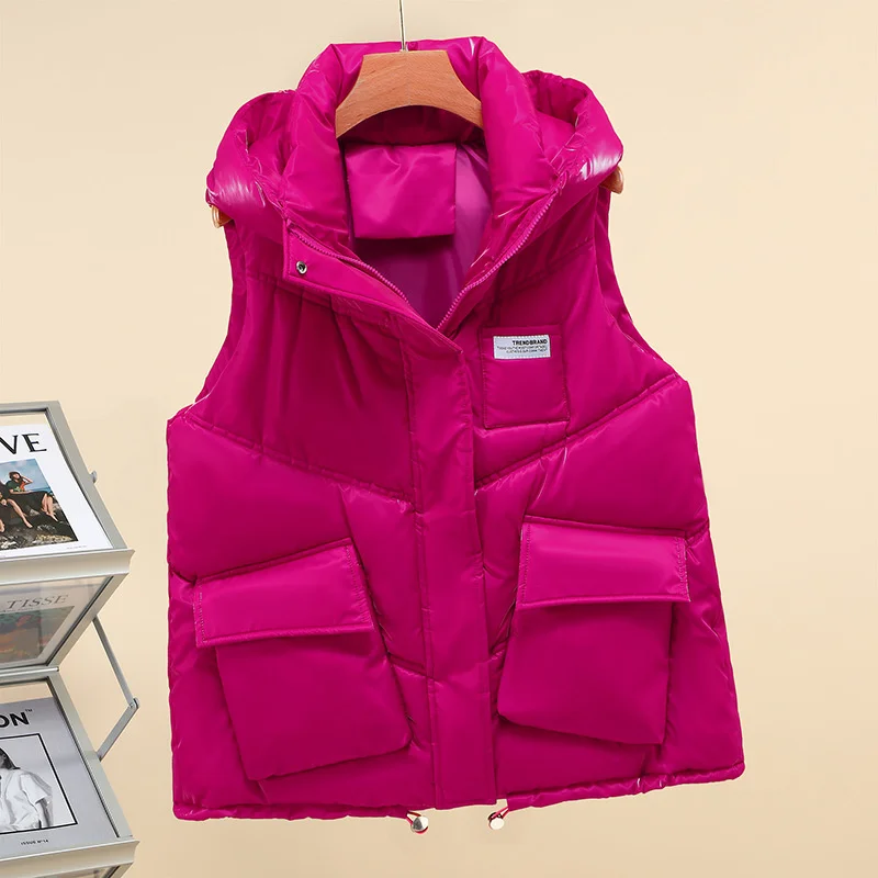 

New Women Autumn Winter Vest Coat Soild Color Outwear Casual Cotton Padded Stand Collar Sleeveless Jacket Female Waistcoat Tops