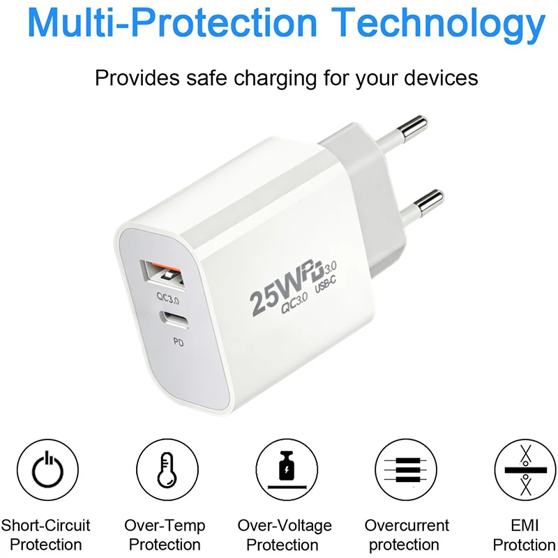 25W PD USB C Dual Port Fast EU Charger For iPhone 11 12 13 Mini 14 Pro Max X XR XS 7 8 Plus Quick Charging PD Cable 1m 1.5m 2m