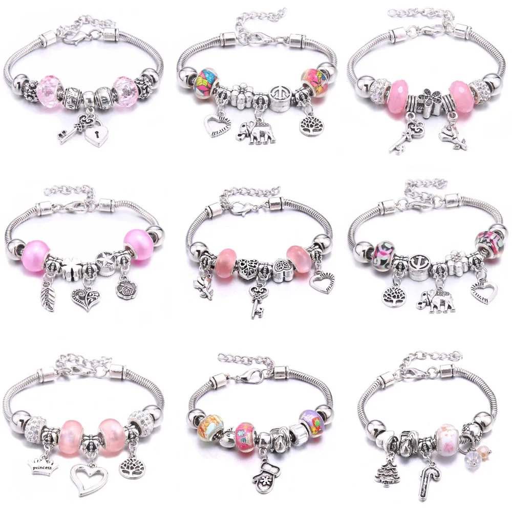 Pink Charm Bangle Lobster Buckle Snake Chain Beaded Bangles For Women Summer Romantic Gift Fashion Butterfly Bracelet Jewelry