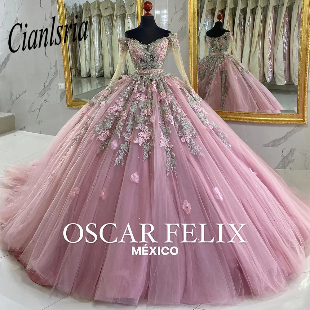 Pink Princess Ball Gown Quinceanera Dresses 2023 Off Shoulder With Long Sleeves Sweet 16 Dress Vestidos De 15 años