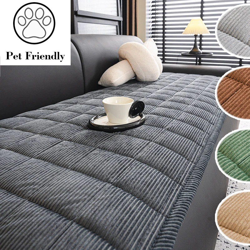 

Corduroy Quilted Sofa Towel L Shaped Sectional Plush Thickening Non Slip Pet Friendly for Winter Warm Home Decor & Pet Carpet