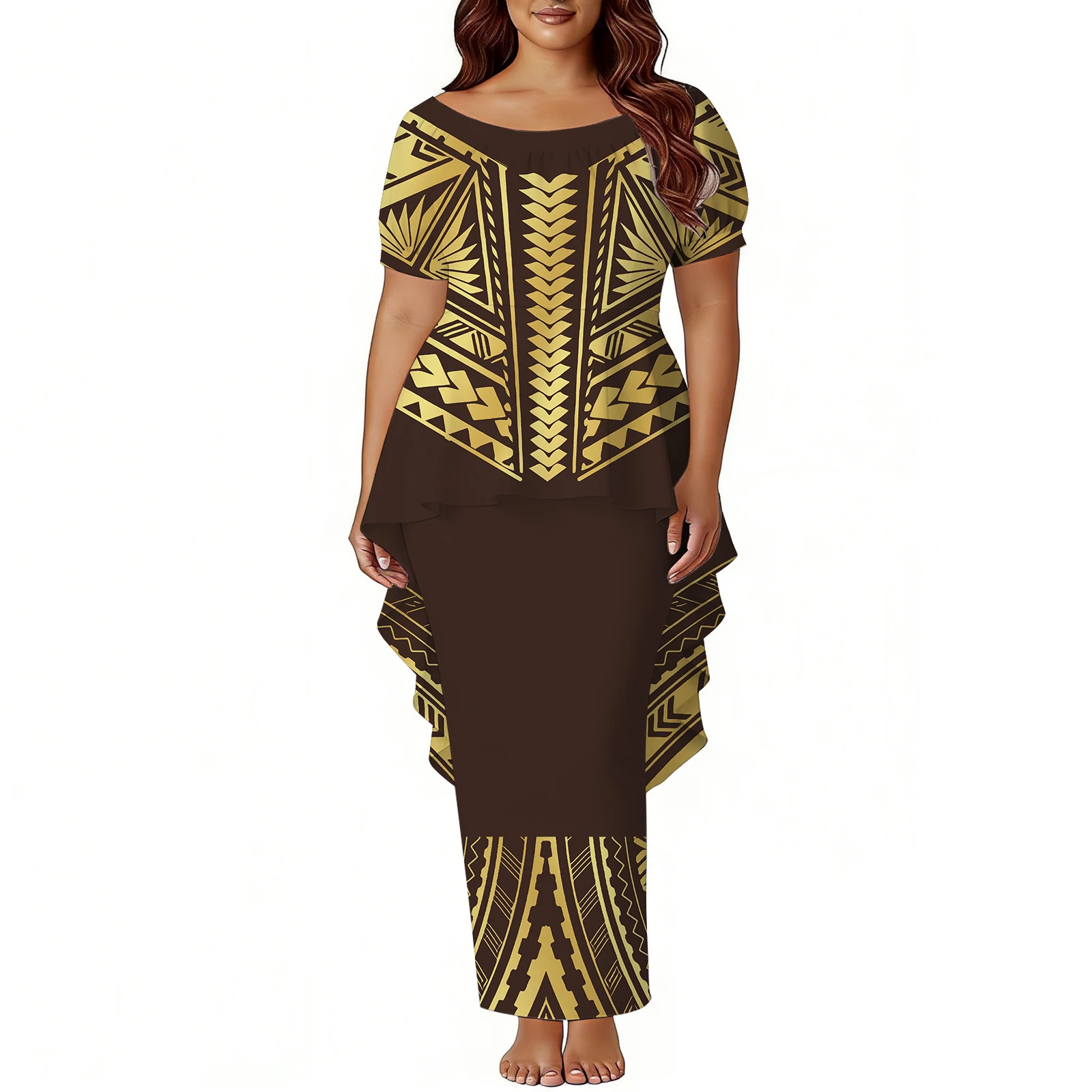 2026 New Polynesian Women'S Puletasi 2-Piece Set Irregular Swallowtail Skirt Top And Custom-Patterned Slit Skirt At The Back