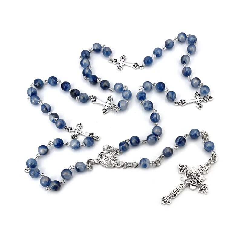 Blue Acrylic Beads Rosary Necklace Crucifix Pendant Long Catholic Jewelry For Men Women
