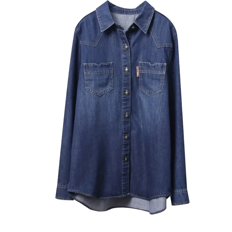 가을 겨울 여성 긴 소매 카우보이 셔츠 코트 여성 중간 긴 데님 블라우스 숙녀 카디건 청바지 자켓 탑스 ﻿