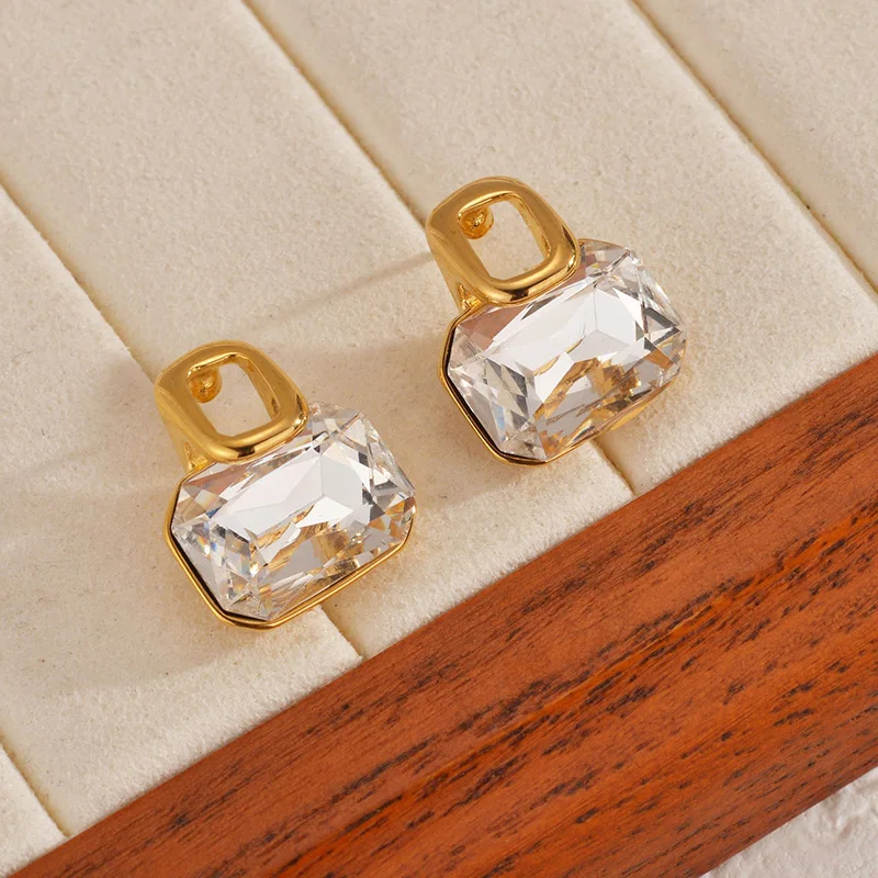 Kissmoon Stainless Steel Gold Color Simple Exquisite Geometry Zircon Necklace Earing Set for Women Party Brithday Jewelry Gifts
