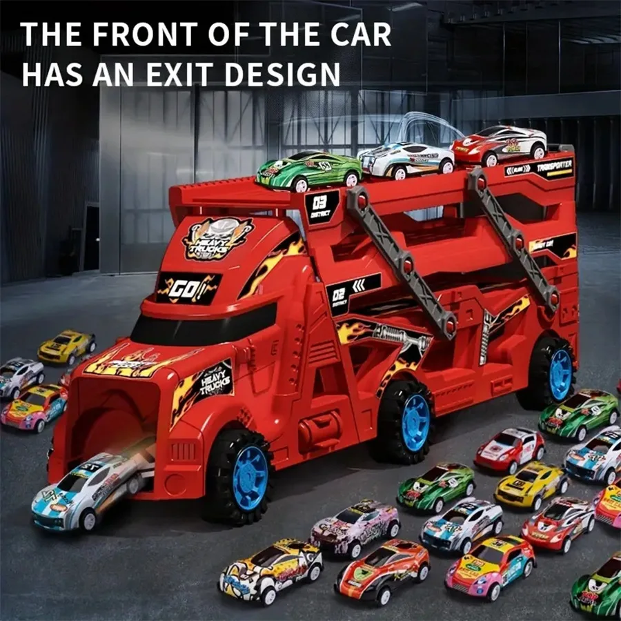 Kids Play Set Foldable Transport Truck Storage Box Deformable Ejection Track Pull Back Alloy Mini Toy Cars for Boys