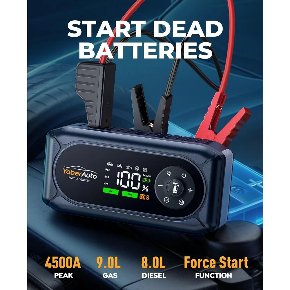 YaberAuto 9-in-1 Jump Starter with Air Compressor 4500A 150PSI Portable Car Battery Jump Starter (9L Gas/8L Diesel), Jump Box Ca