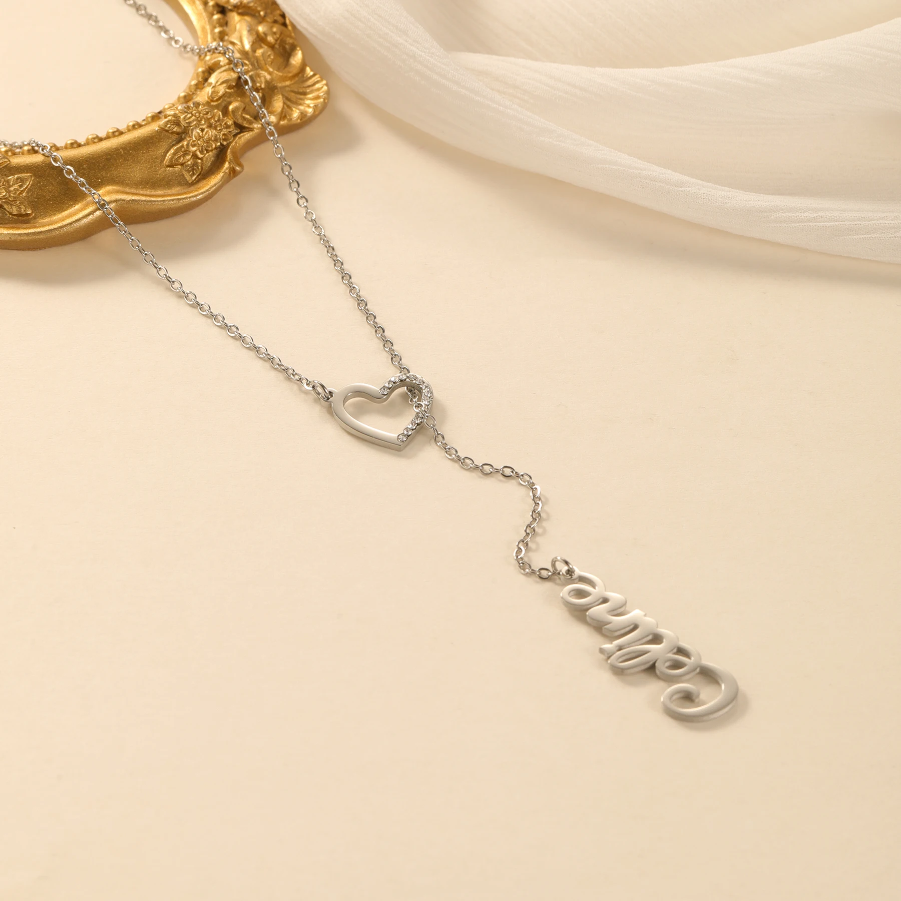 Custom Name Necklace Threaded Through Diamond-Cut Heart Y-Shaped Pendant Adjustable Length Stainless Steel 18K Gold Plated Gift