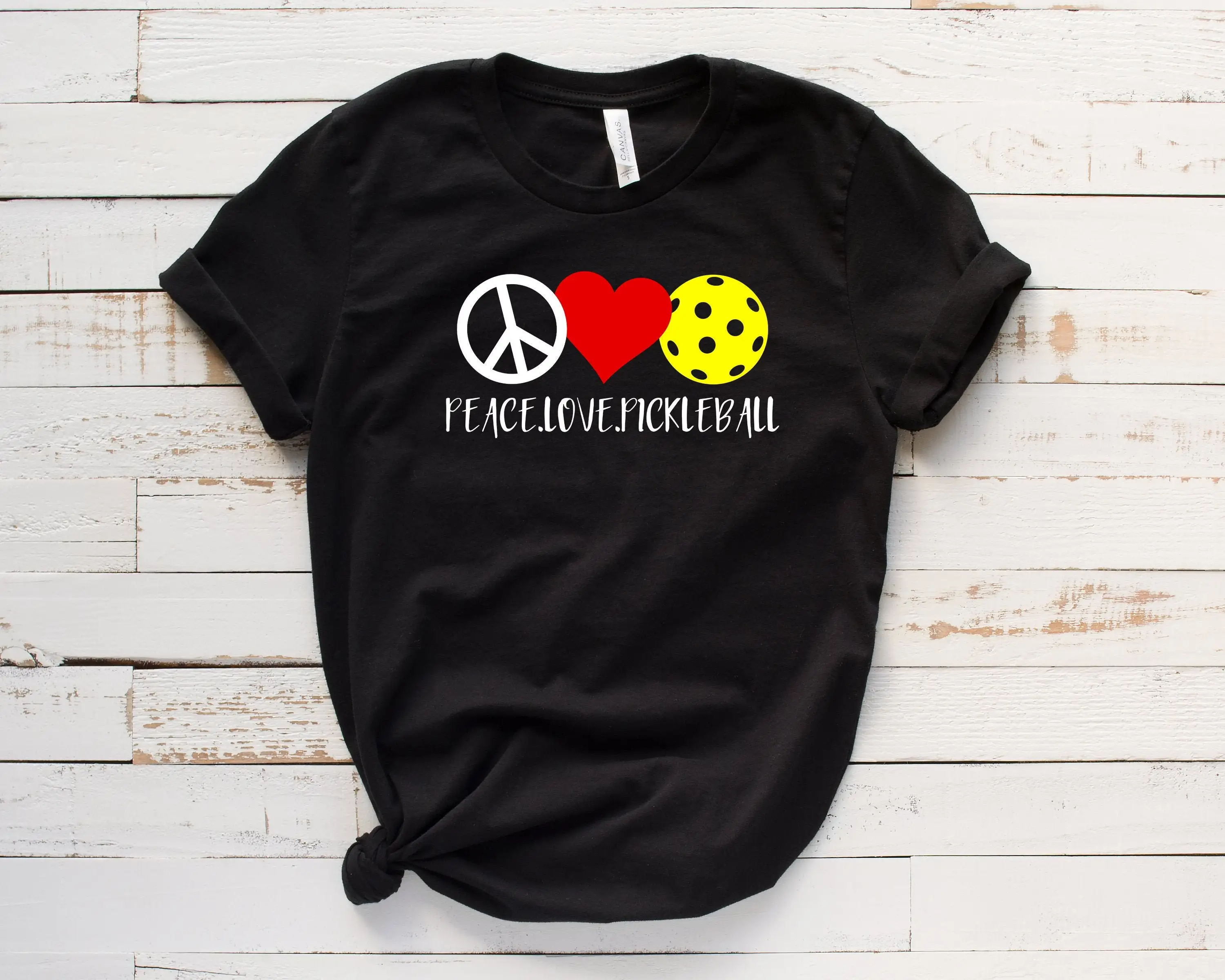 Peace Love Pickleball T Shirt For Her Funny Pickle Ball Player Women Heavy Cotton