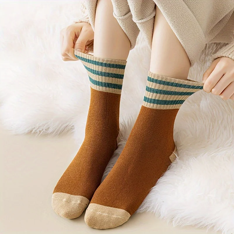 Calcetines a rayas de colores para mujer, medias de tubo medio cálidas de alta calidad, transpirables, informales, 3 pares