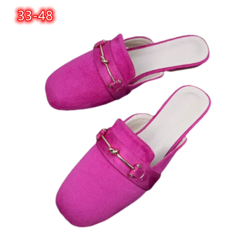 

Lady Wide Fitting Square Tip Mule Slides Metal Chain Flock Flat Slippers Anti-Slippery Shoes Rose Red Green Plus Sizes 48 46 33