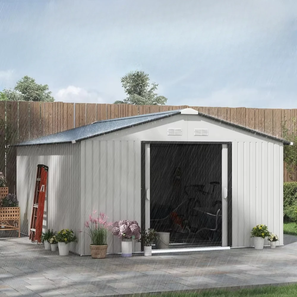 Outdoor Storage Shed 11' x 13' , 4 Vents and 2 Easy Sliding Doors Backyard, Garden Tool House Foundation Kit, Garage, Patio