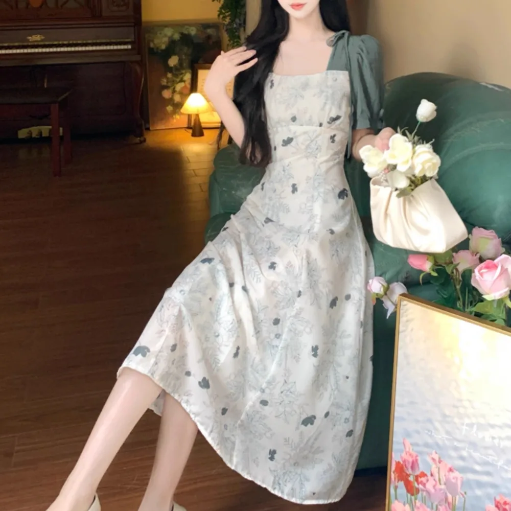 Retro Blumendruck Maxi Dr Gentle ort Sve Patchwork Damen Sommer Dr Korean Sle Commute Bubble Sve Square Co...