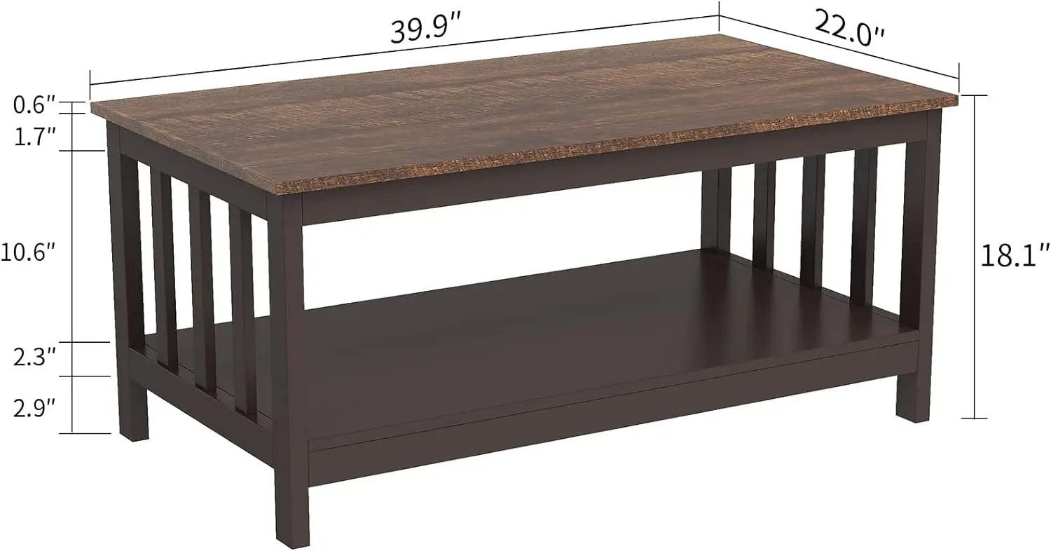 NEW Farmhouse Coffee Table, Espresso Living Room Table with Shelf, 40 Inch USA