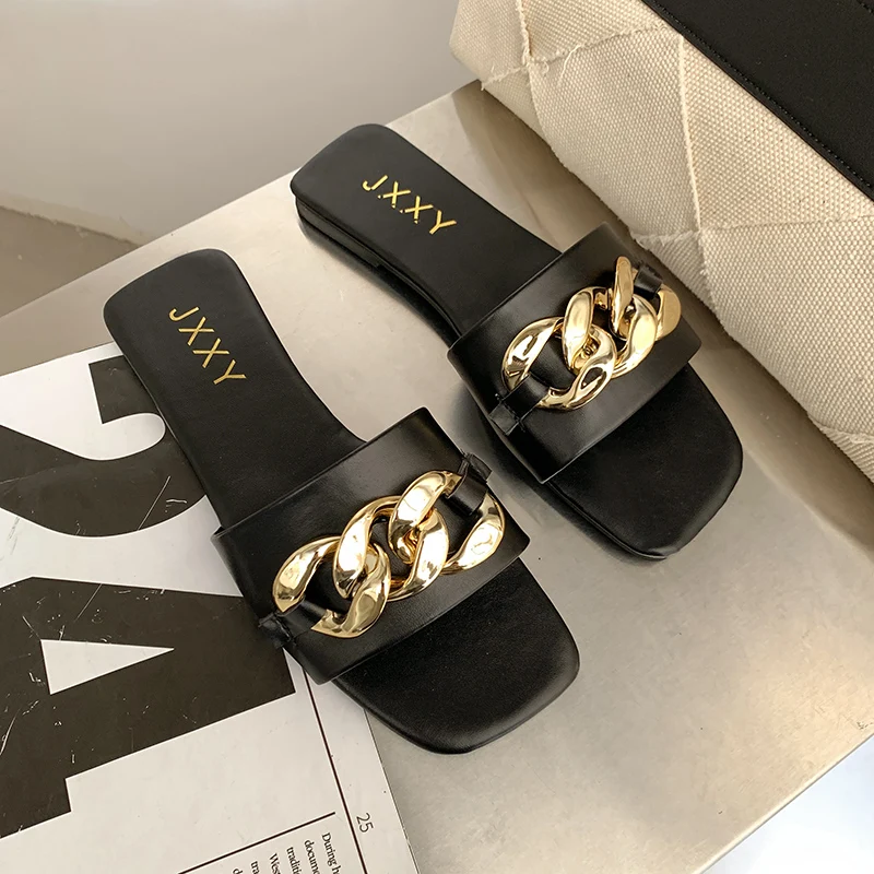 2024 New Fashion Women's Slippers Square Toe Chain Slippers Flat Slide Sandals Beach Flip Flops Metal Decoration Casual Shoes image 4