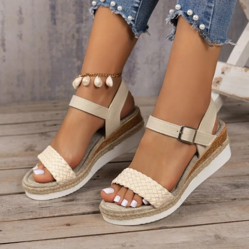 New Summer Women Shoes 2024  Solid Color Women\'s Casual Wedge Sandals Open Toe Buckle Women\'s Summer Beach Sandals Mujer