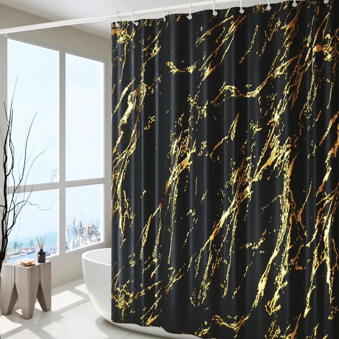 

Premium Hot Stamping Shower Curtain Modern Minimalist Style Waterproof Bath Curtain for Home Bathroom Decoration 4pcs with Mat