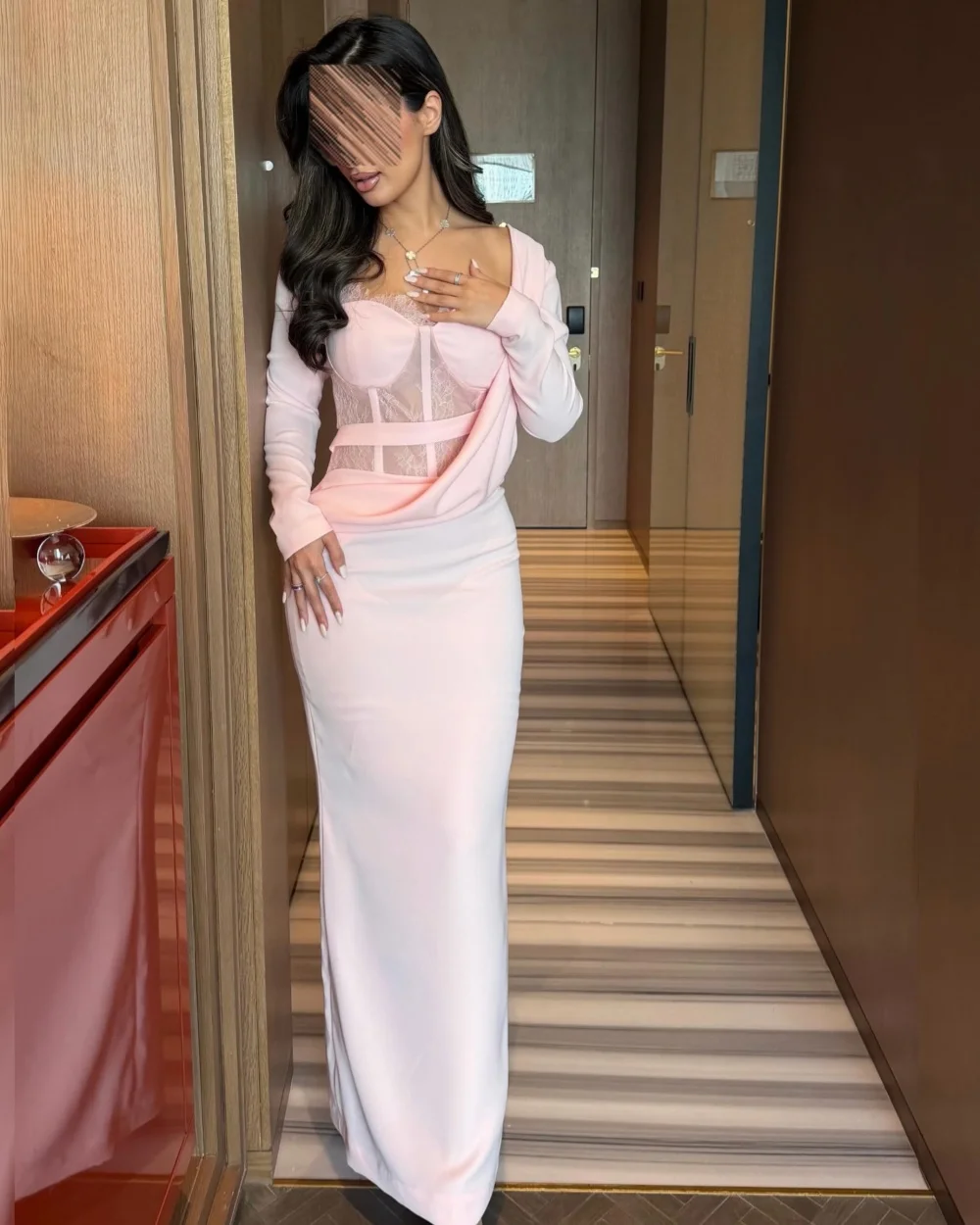 

Customized High Quality Women Jersey Lace Pleat Straight Evening Dresses Formal Square Neck Long Sleeves Floor Lenght Prom Dress
