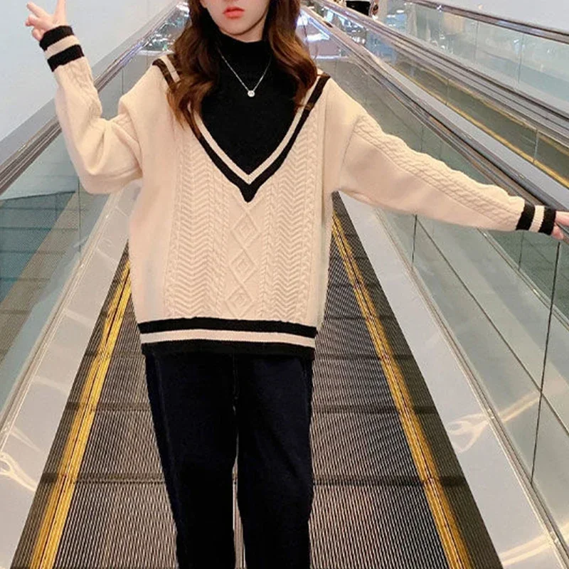 Autumn Winter High Neck Girls' Pullover Long Sleeve Fashion Versatile Korean Kids Sweaters Patchwork Children's Clothing Tops image 2