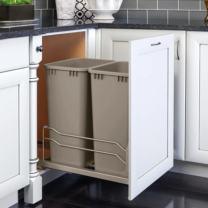 Double Pull-Out Trash Can for Full Height Kitchen Cabinets 50 Quart 12.5 Gallon with Soft-Close Slides, Champagne