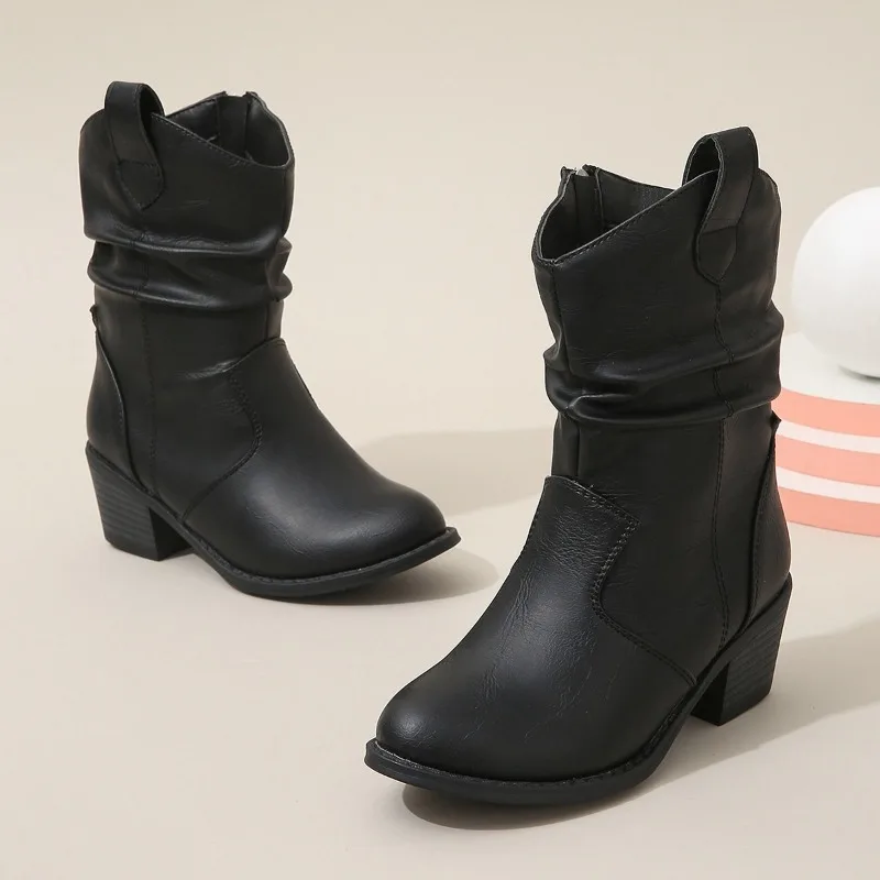 Teenage Kids Shoes Elegant Versatile Side Zipper Girls Boots Brown Pleated Chic Fashion Children Low Heels Mid-calf Boots Simple