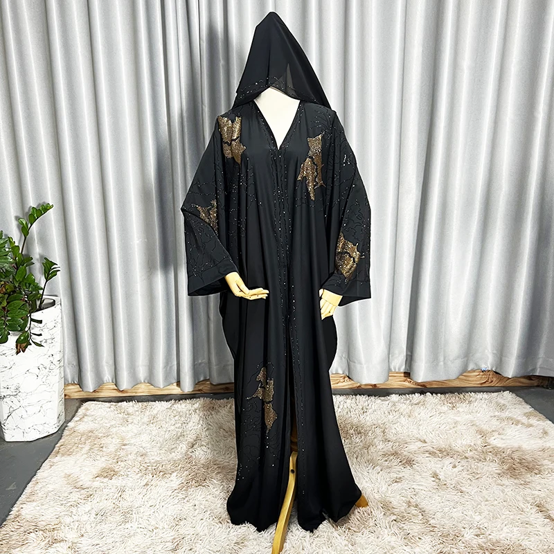 Arab Ramandan Black Abaya Modest Muslim Boubou Kimono For Women Fashion Dubai Luxury Rhinestone Chiffon Kaftan Islamic Clothing