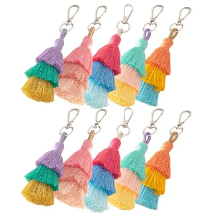 

10pcs Bohemian Tri-Layered Colorful Tassel Keychain for Women Car Key Chain Purse Bag Charm Gift for Her