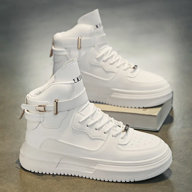 Men's Light Luxury High-Top Sneakers Autumn Fashion Thick-Soled Sports White Leather Board Shoes Trendy Men's Footwear