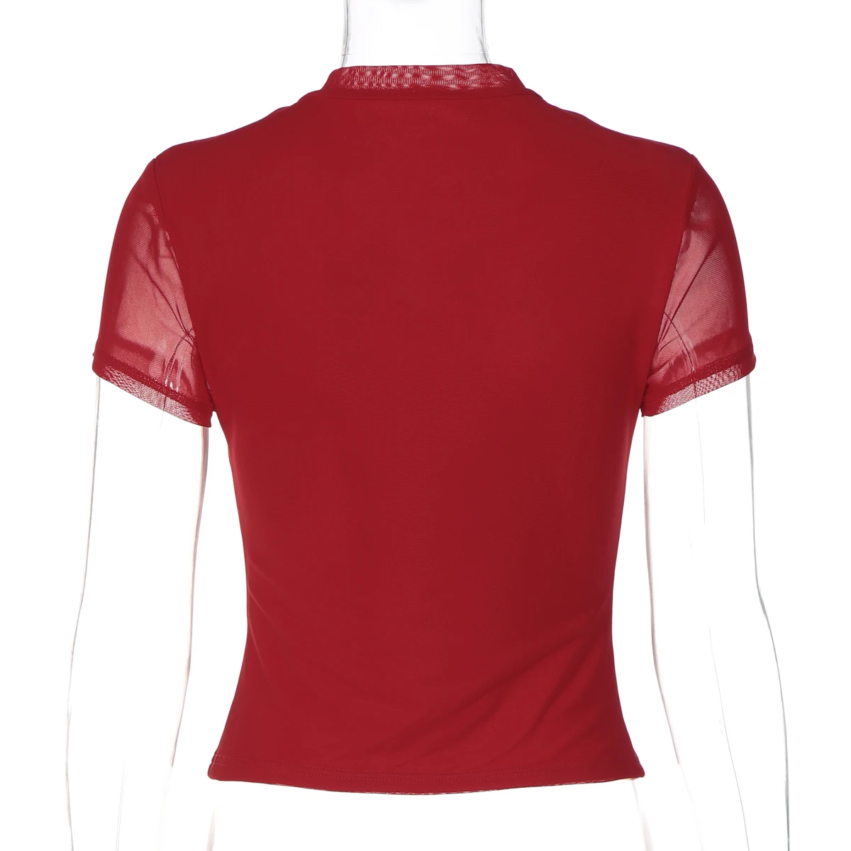 Hugcitar Modisches, einfarbiges, kurzärmeliges Patchwork-Mesh-Top mit Schnürung, sexy Crop-T-Shirt, Damenkleidung, Party, Nachtclub, T-Shirts – Detail 4