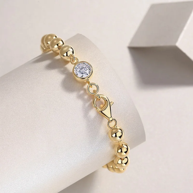 

S925 Silver Plated 18K Gold Round Bead Moissan Diamond Bracelet 1.0ct For Women Gift