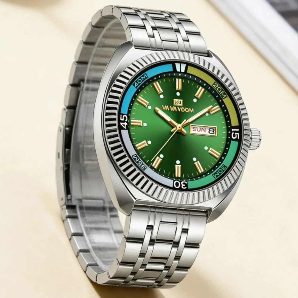 Green Classic Diving Quartz Watch Men Silver Stainless Steel Luxury Business Series Clock Waterproof Student Timing Man Watch