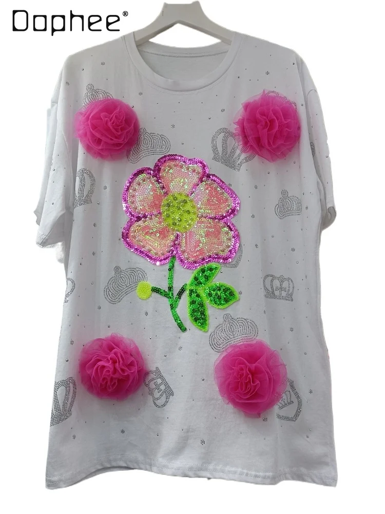 

Heavy Embroidery Sequins Mesh Casual T-shirt 2024 Spring Summer New Fashion Loose Flower Beaded Short Sleeve Top for Women