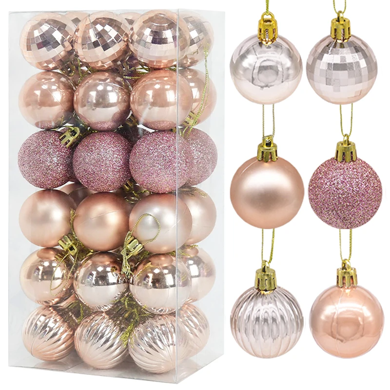 1 Box Rose Gold Plastic Christmas Balls Ornament 4cm Hang Pendant Ball Indoor New Year Xmas Tree Decor Home Christmas Decoration