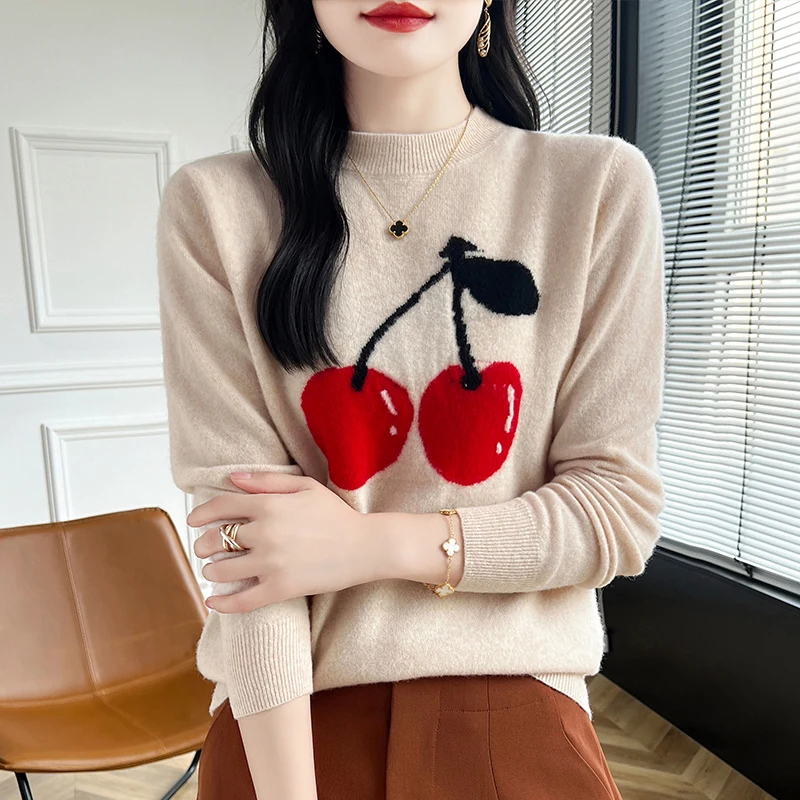 Spring Autumn New Cashmere Sweater Women\'s Knitted Hoodie 100% Merino Wool Embroidered Tops Fashionable Slimming Long Sleeve