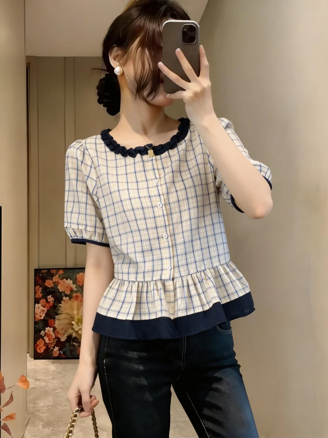 

Slimming Plaid Bubble Sleeve Short Shirt Women's Summer Fashion Korean Style Base Layer Top Large Size PP MM Cute Length