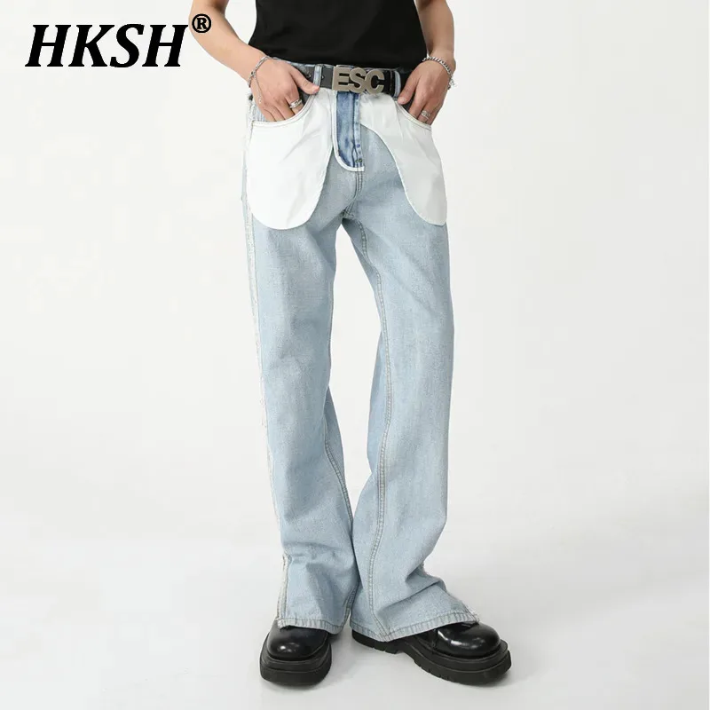 HKSH Men's Tide Streetwear Spring Summer Retro Punk Jeans Patchwork Pocket Niche Chic Reverse Zipper Straight Denim Pants HK1974