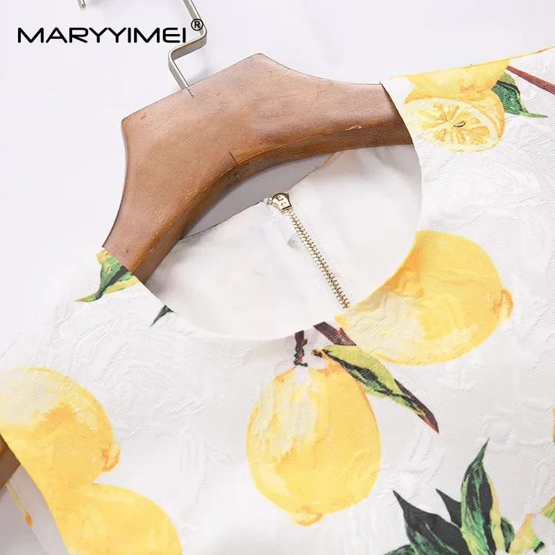 MARYYIMEI Fashion Design Summer Elegant Jacquard Short Dress Women's Sleeveless Gorgeous Beading Lemon Print Vintage Mini Dress