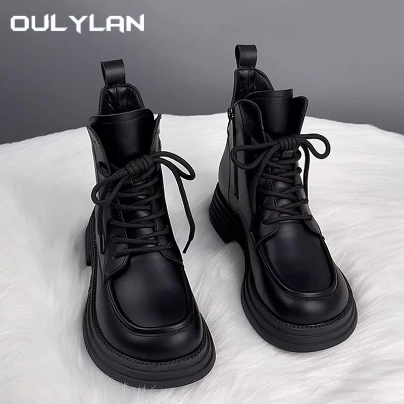 Soft Leather Women's Boots Retro Classic Round Toe Modern Boots Platform Shoe Winter Lace Up Side  Anti Slip Bottom Short Boot