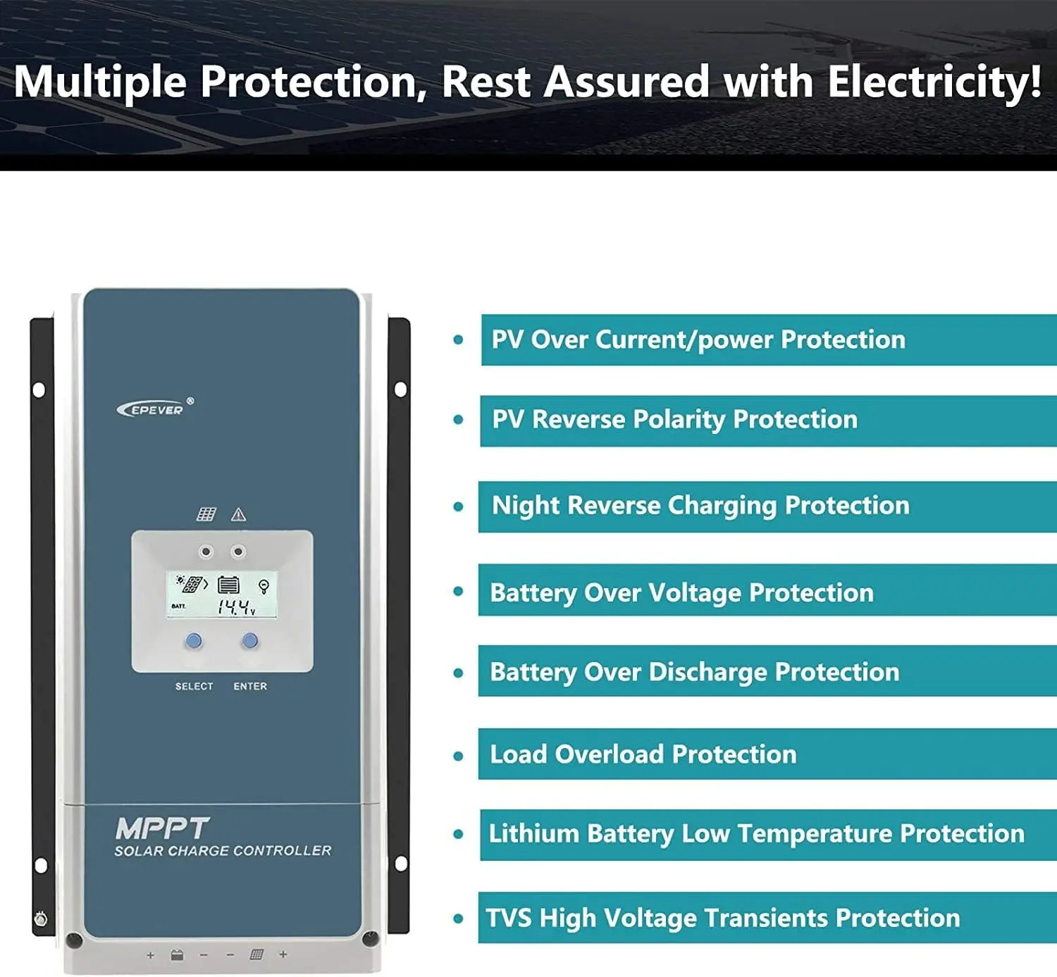 48Volt High Tracking Efficiency MPPT Solar Charge Controller 100A For Lead-acid/Lithium Battery Charging With Max PV Input 200V