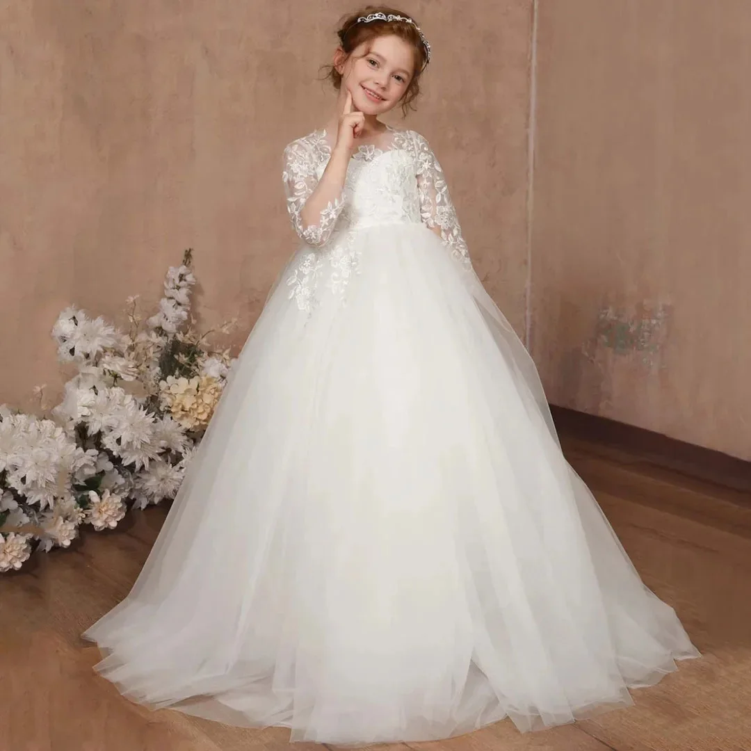 Customized Ivory Flower Girl Dress Flory Appliques With Bow Long Sleeve For Wedding Birthday Prom Party Holy Communion Gowns