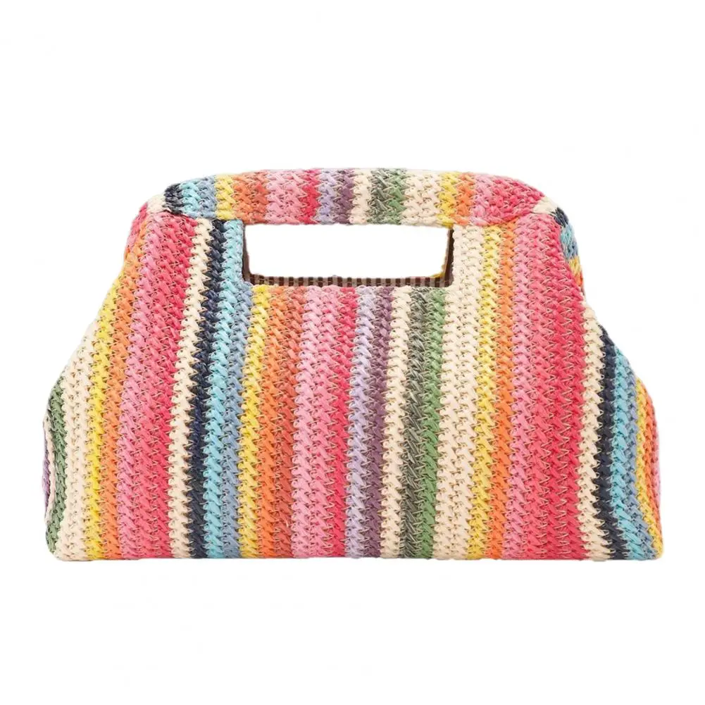 Women Colorful Striped Handbag, Woven Top Handle Purse,Trendy Summer Outfit Essential for Summer Beach Vacation Party Wedding