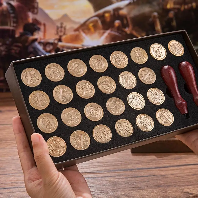 

26 pcs Letter Alphabet Set Wax Seal Stamp Map Box Retro Wood Classic Decoration Valentine's Birthday Wedding Invitation Antique